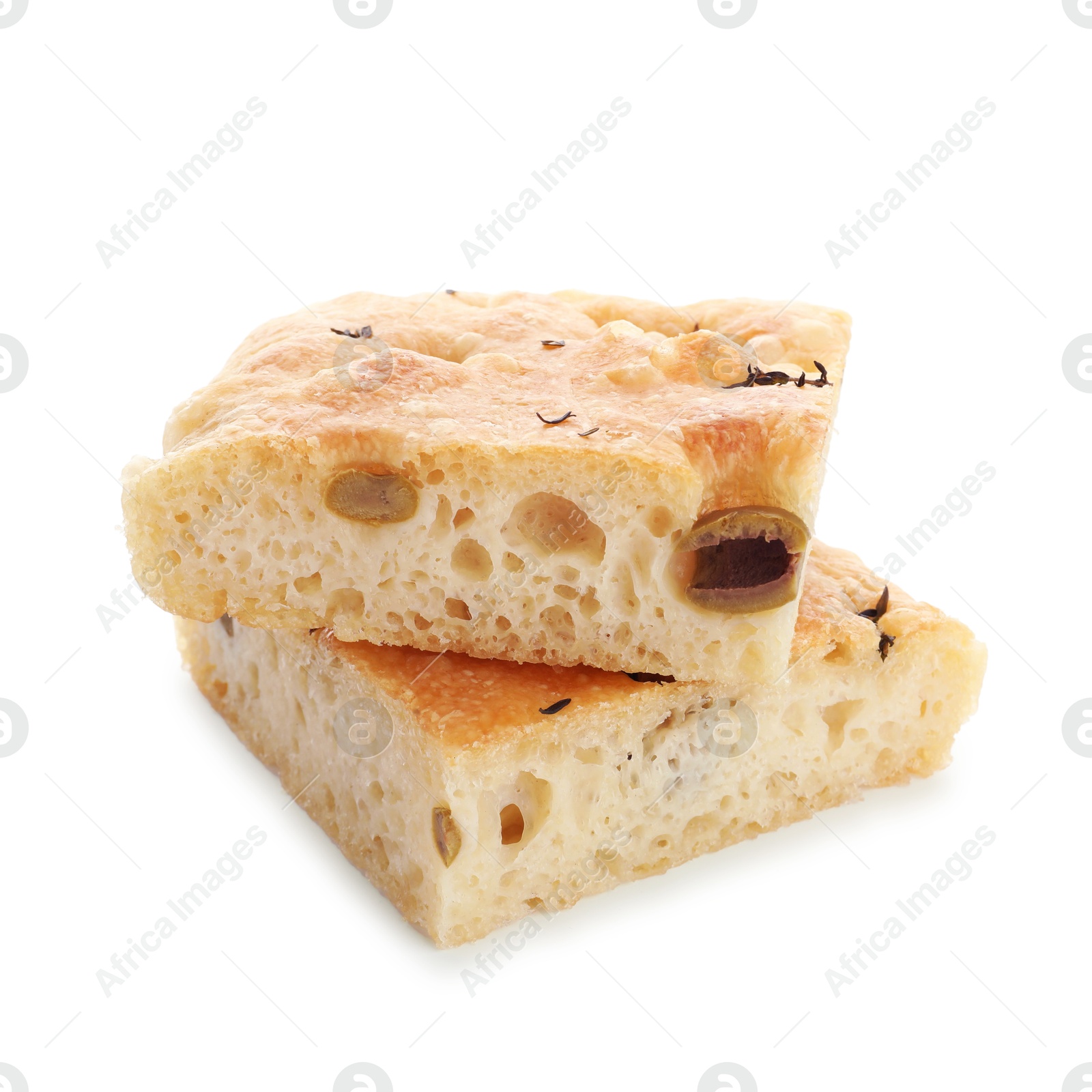 Photo of Pieces of delicious focaccia bread with olives and thyme isolated on white