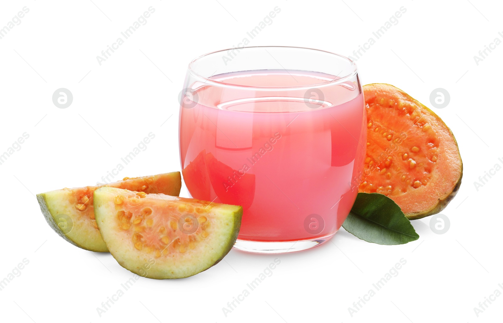 Photo of Tasty guava juice in glass and fresh fruits isolated on white