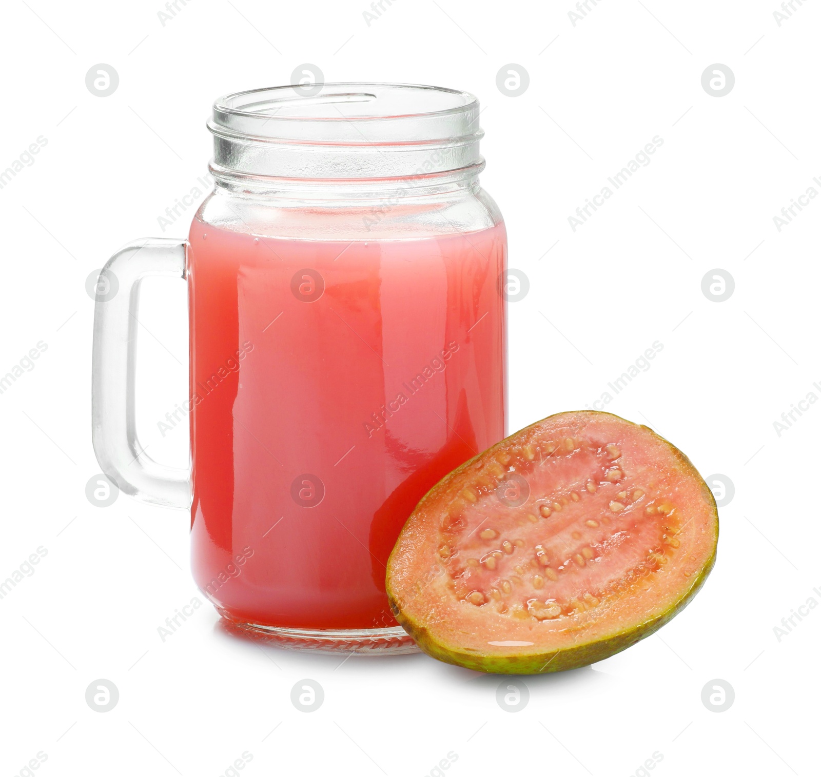 Photo of Tasty guava juice in mason jar and fresh fruit isolated on white