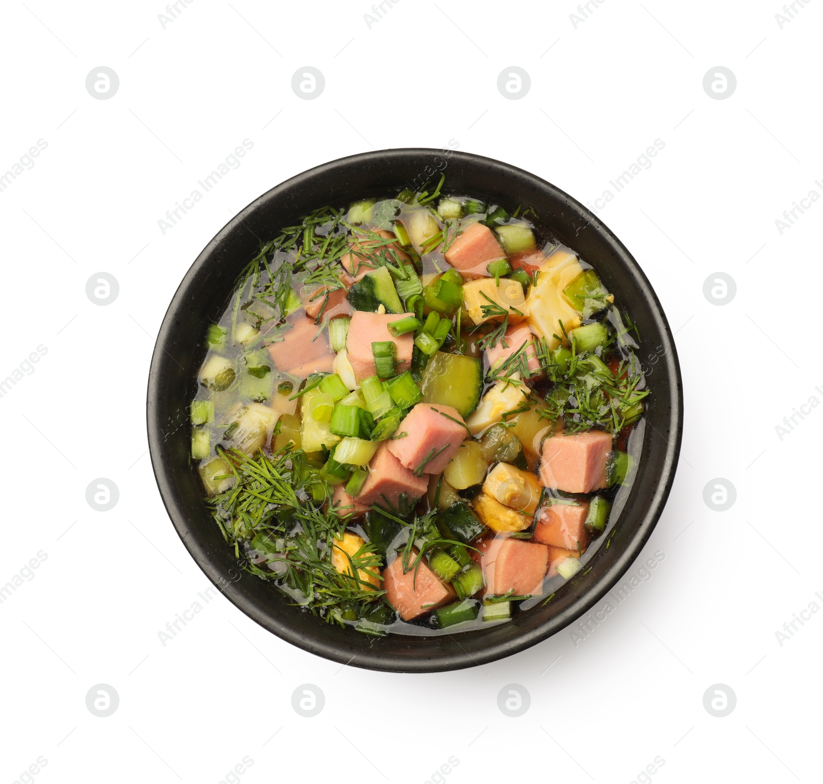 Photo of Delicious okroshka soup with kvass isolated on white, top view