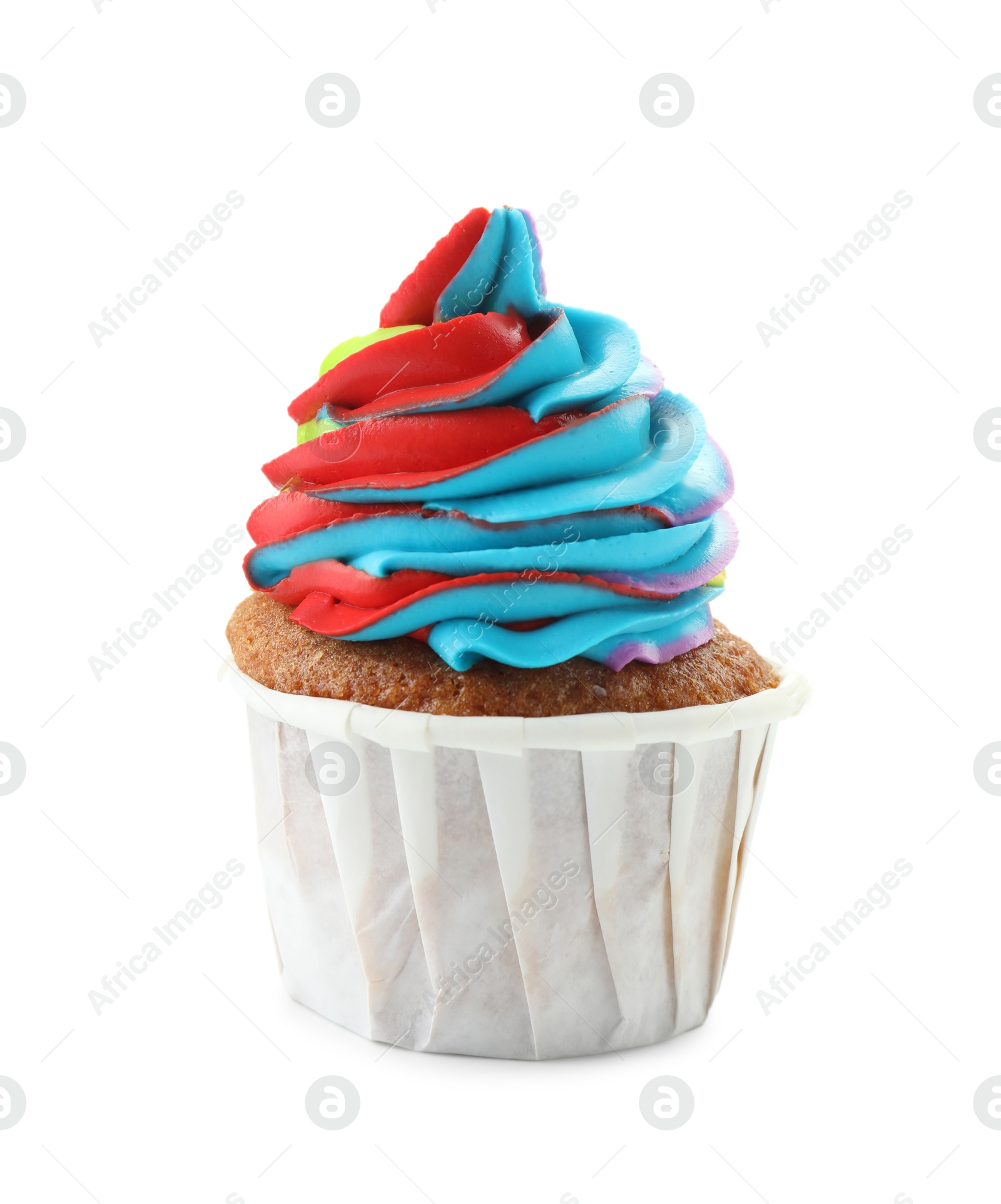 Photo of Tasty cupcake with colorful cream isolated on white