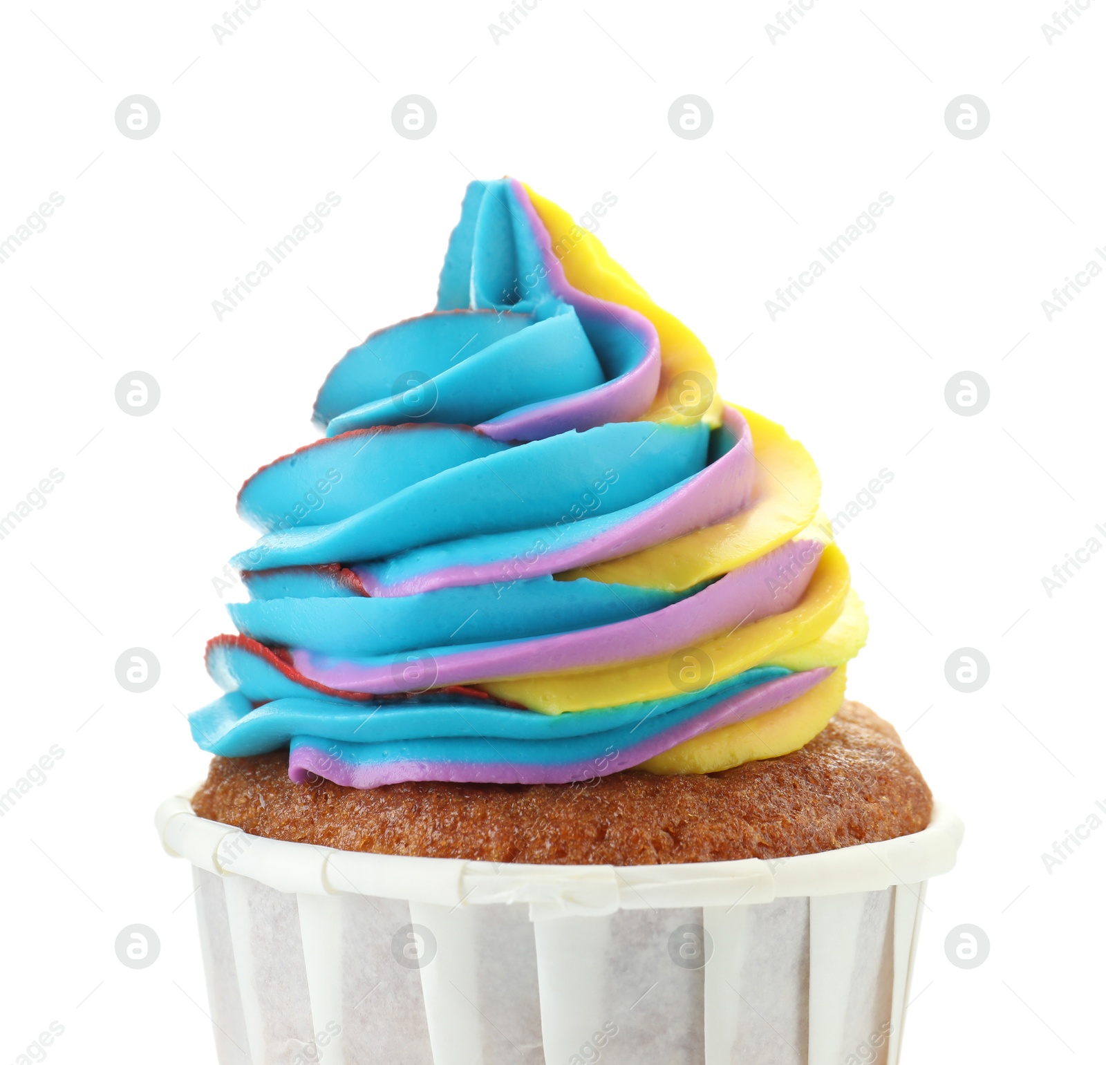 Photo of Tasty cupcake with colorful cream isolated on white