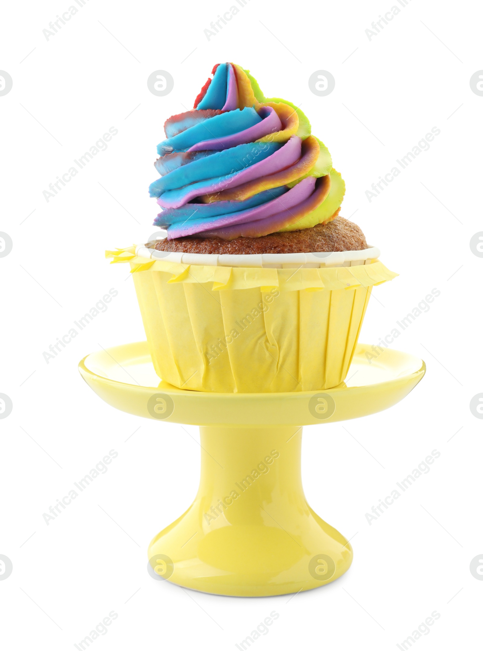 Photo of Tasty cupcake with colorful cream isolated on white