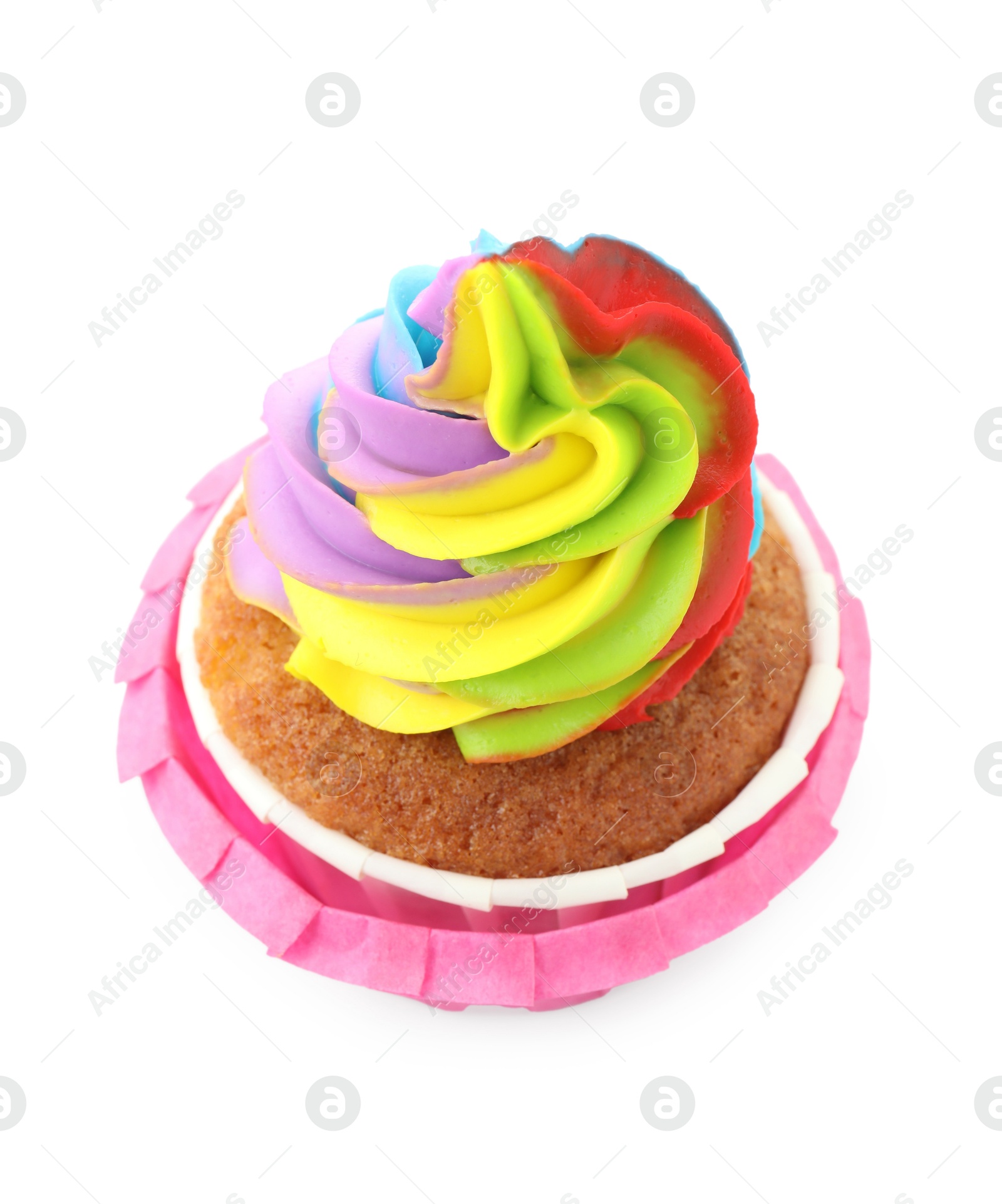 Photo of Tasty cupcake with colorful cream isolated on white