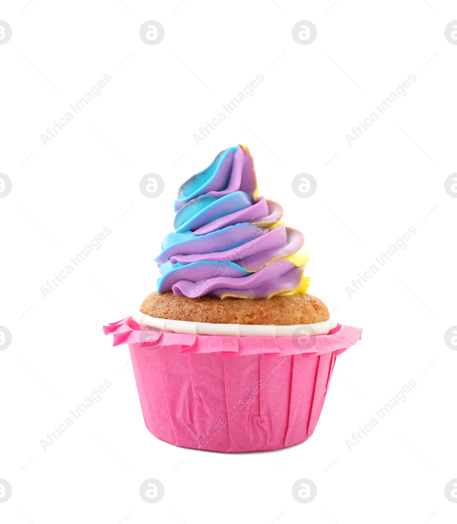 Photo of Tasty cupcake with colorful cream isolated on white