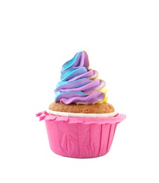 Photo of Tasty cupcake with colorful cream isolated on white