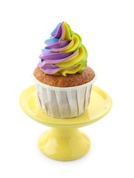 Photo of Tasty cupcake with colorful cream isolated on white