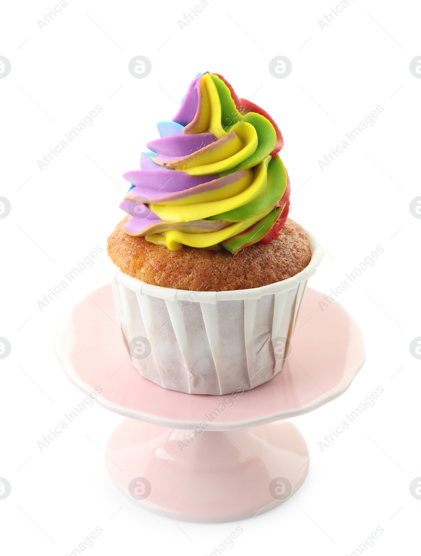 Photo of Tasty cupcake with colorful cream isolated on white