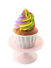 Photo of Tasty cupcake with colorful cream isolated on white