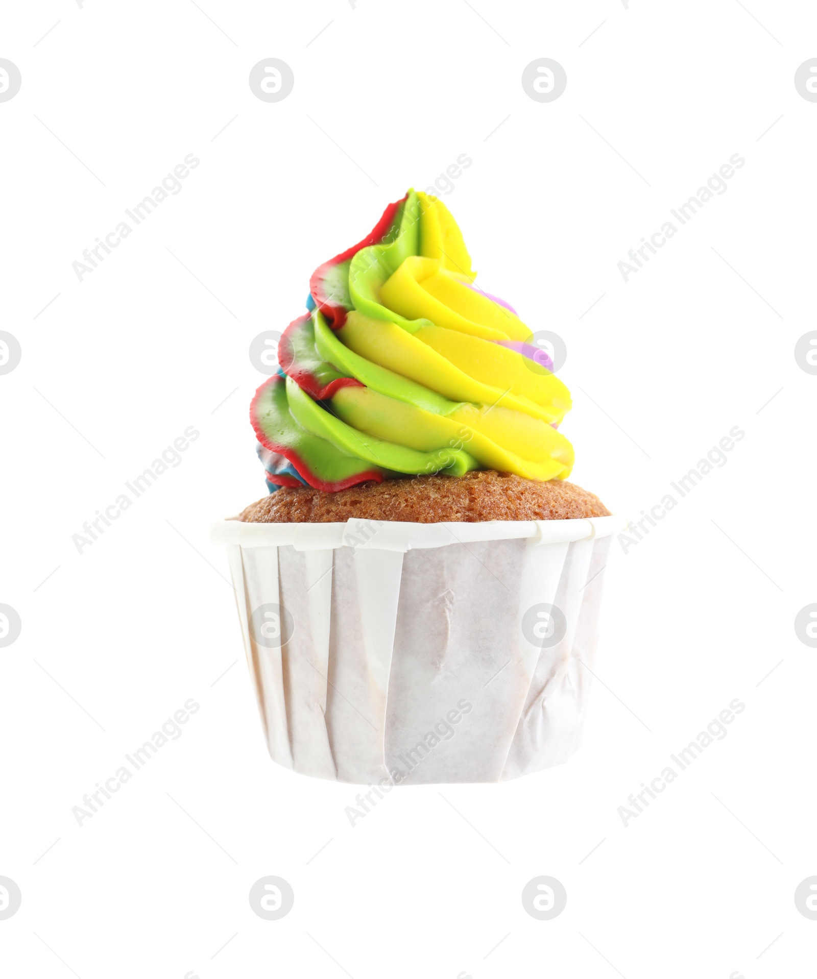 Photo of Tasty cupcake with colorful cream isolated on white