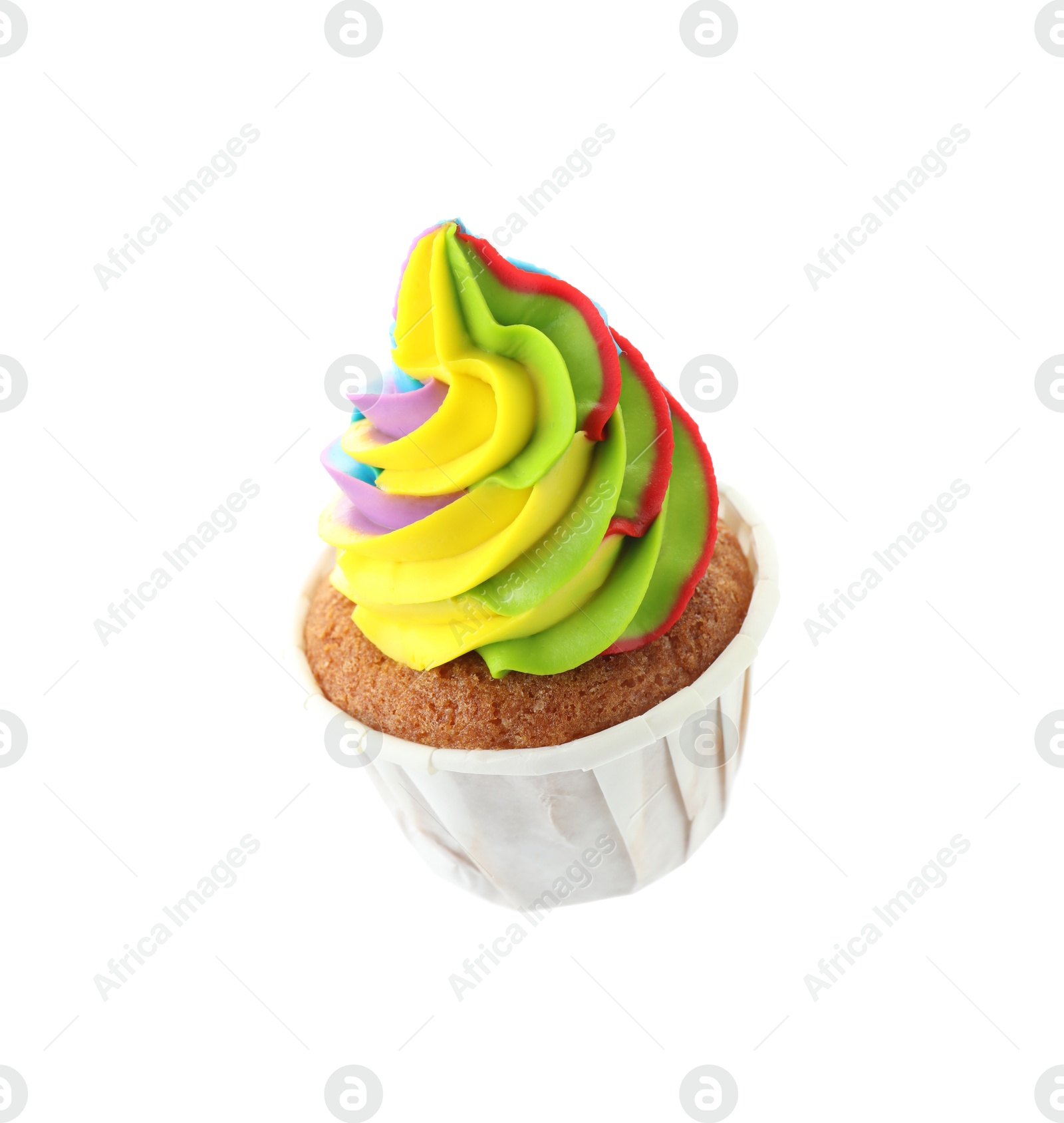 Photo of Tasty cupcake with colorful cream in air isolated on white