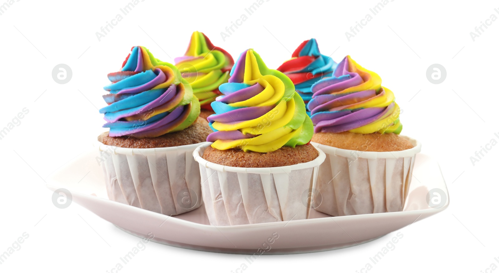 Photo of Tasty cupcakes with colorful cream isolated on white