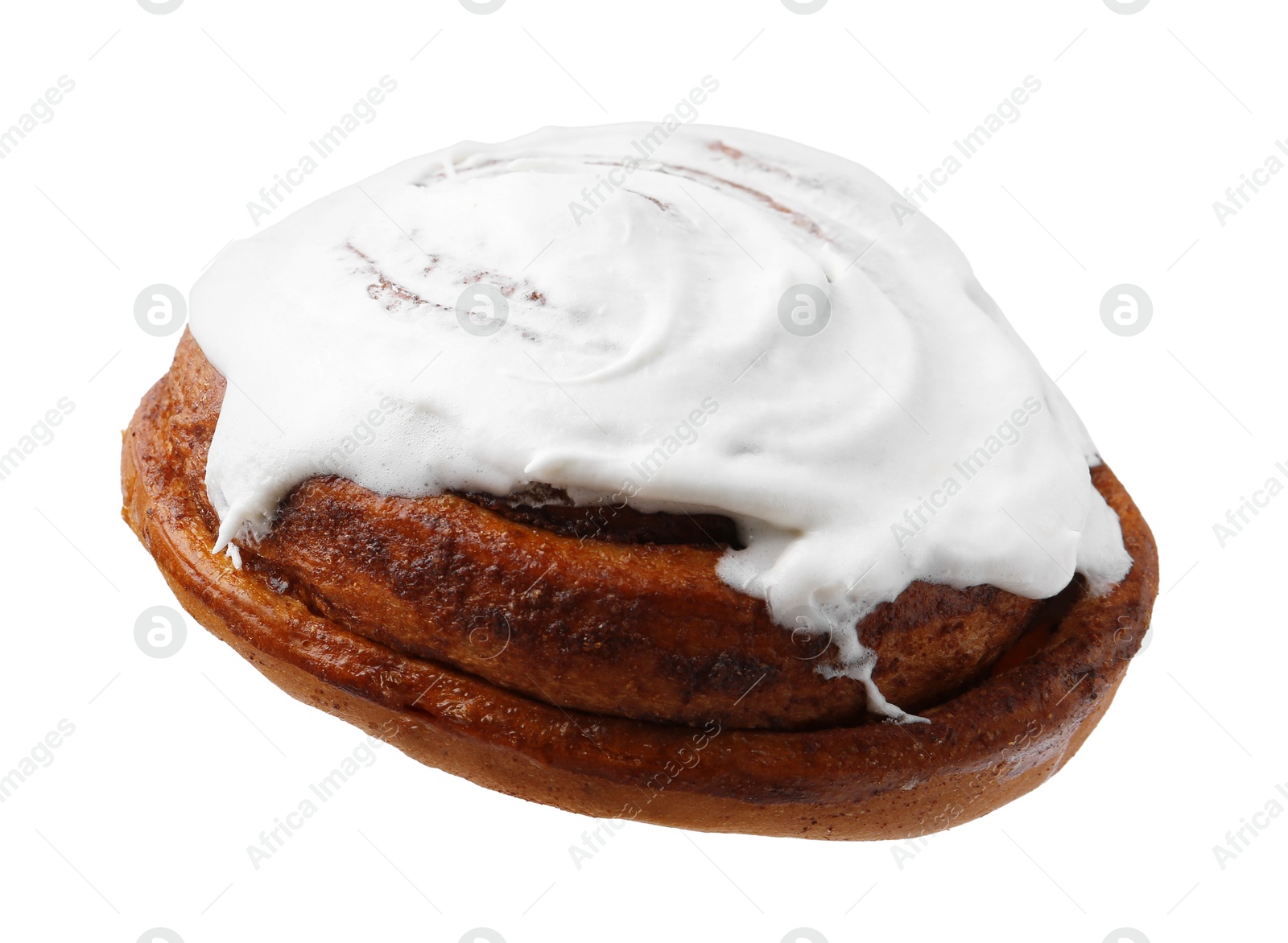 Photo of Tasty cinnamon roll with cream isolated on white