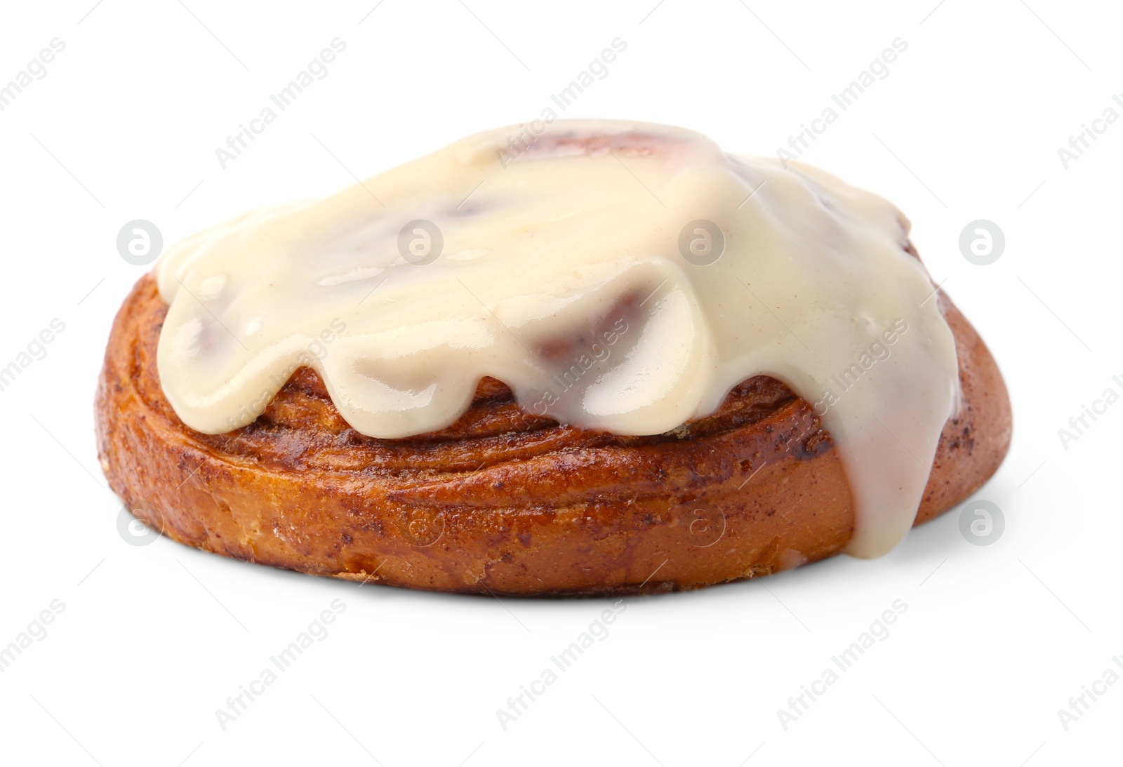 Photo of Tasty cinnamon roll with cream isolated on white