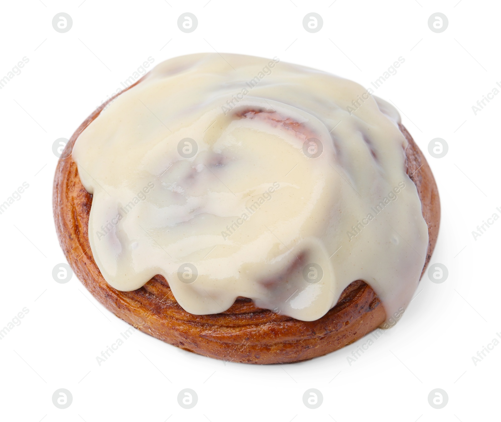 Photo of Tasty cinnamon roll with cream isolated on white, above view