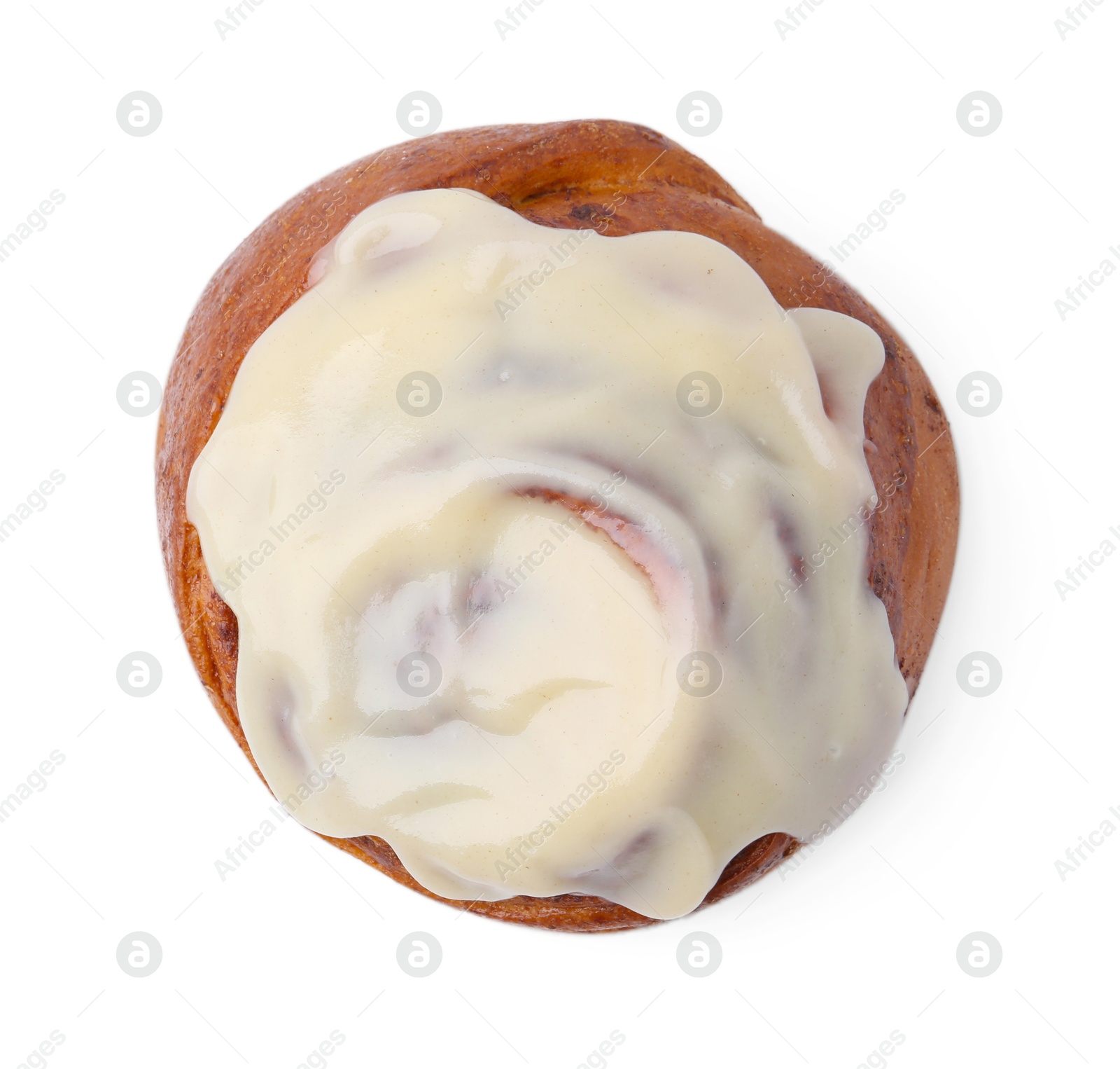 Photo of Tasty cinnamon roll with cream isolated on white, top view