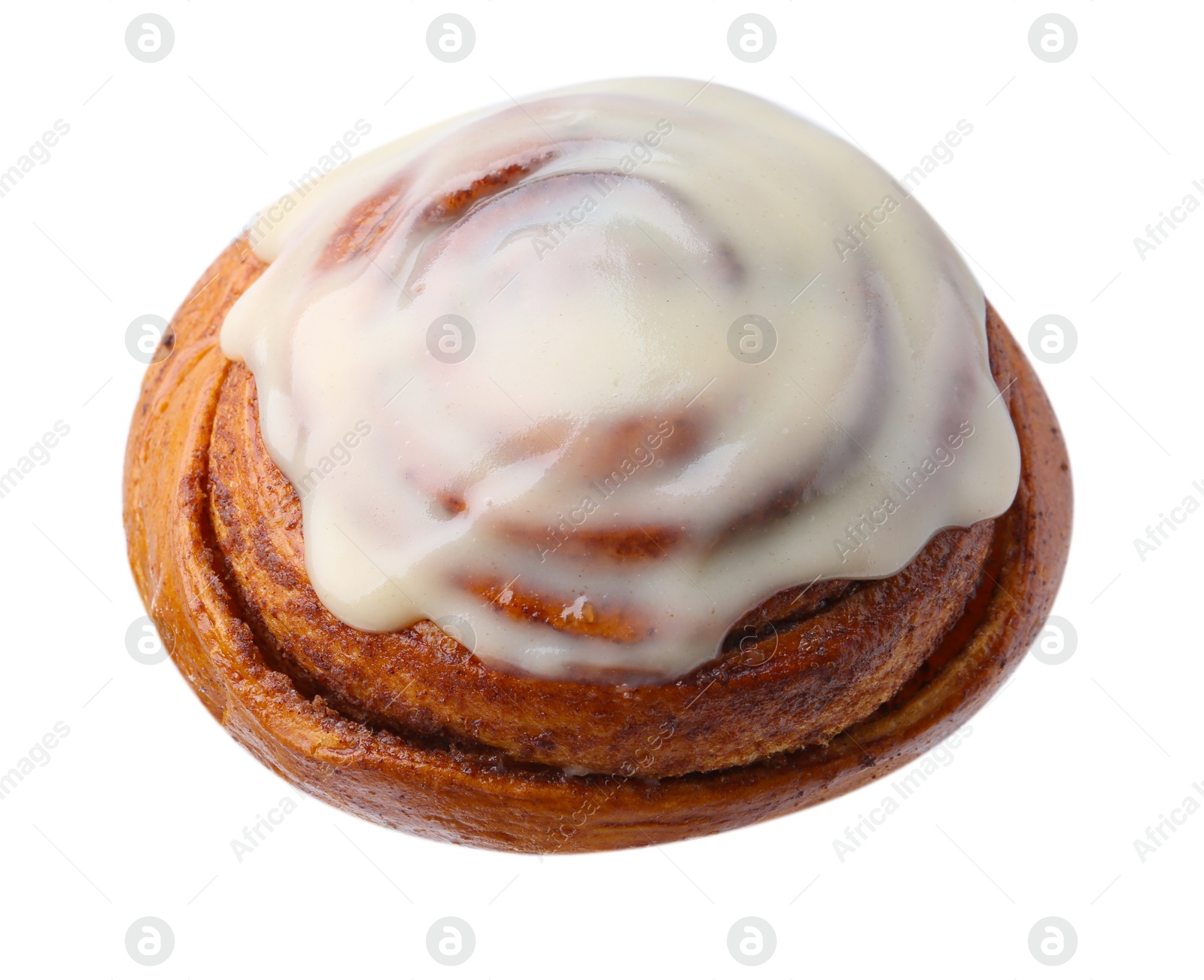 Photo of Tasty cinnamon roll with cream isolated on white