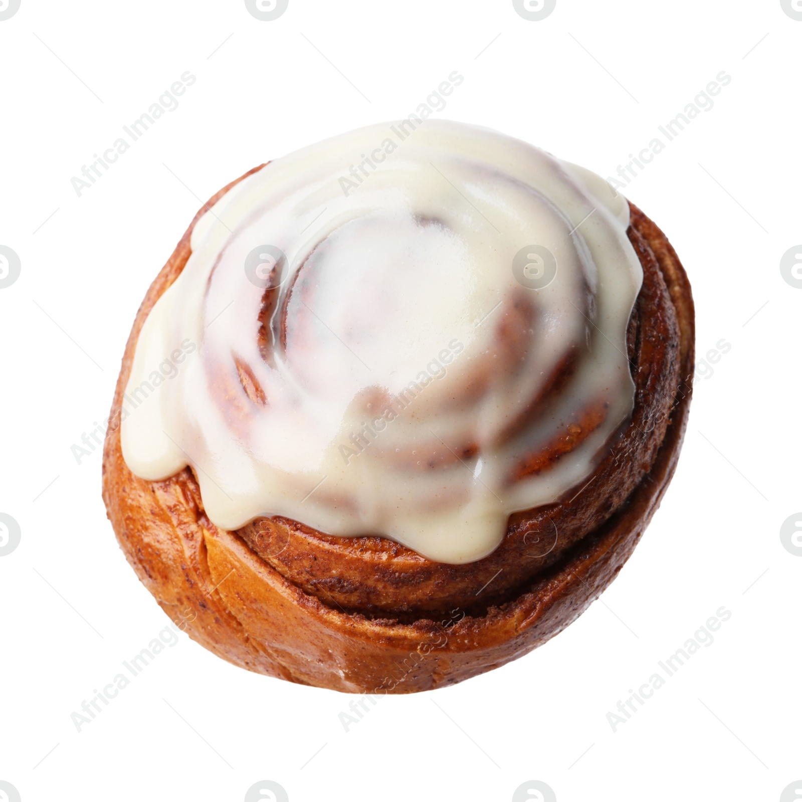 Photo of Tasty cinnamon roll with cream isolated on white