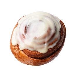 Photo of Tasty cinnamon roll with cream isolated on white