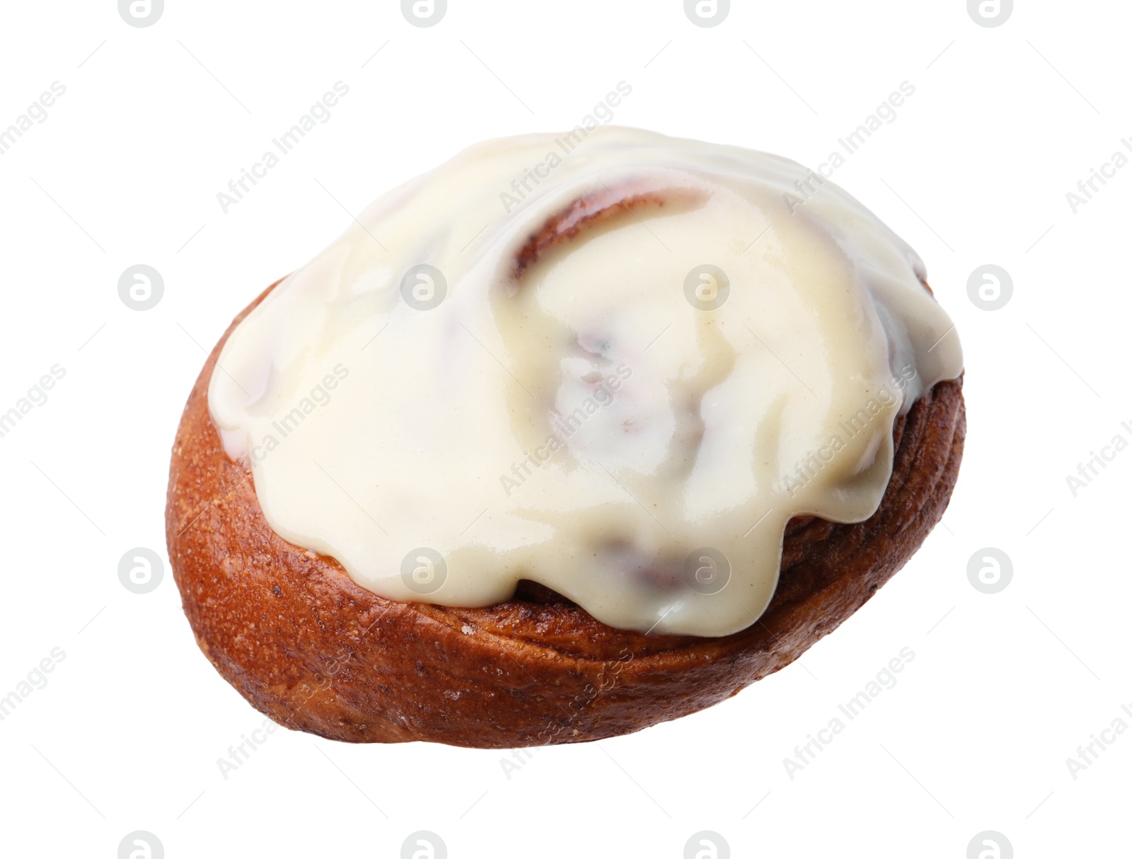 Photo of Tasty cinnamon roll with cream isolated on white