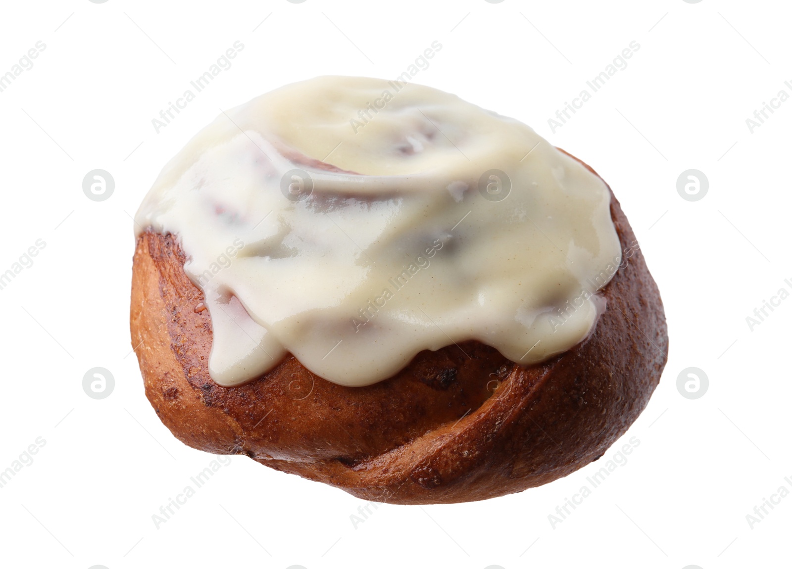 Photo of Tasty cinnamon roll with cream isolated on white