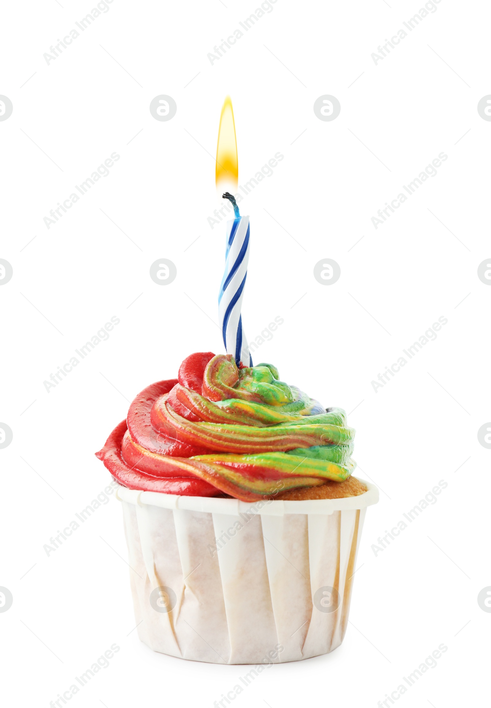 Photo of Delicious cupcake with colorful cream and candle isolated on white