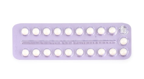 Photo of Blister of contraceptive pills isolated on white, top view