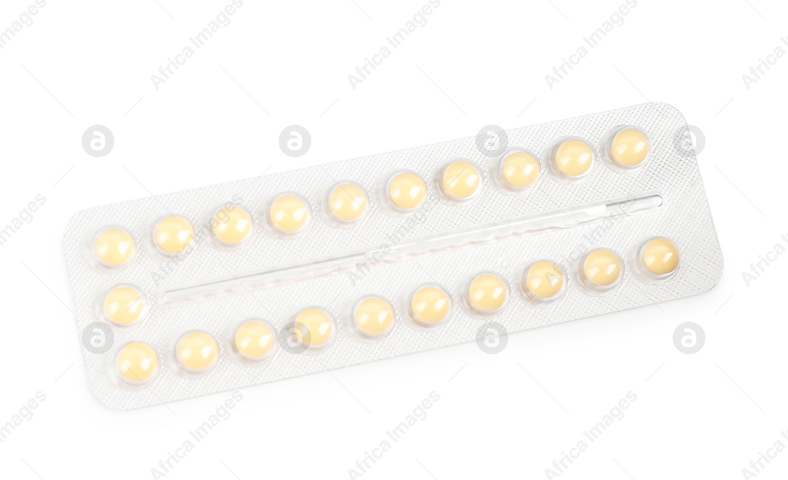 Photo of Blister of contraceptive pills isolated on white, top view