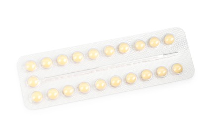 Photo of Blister of contraceptive pills isolated on white, top view