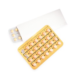 Photo of Blisters of contraceptive pills isolated on white, top view