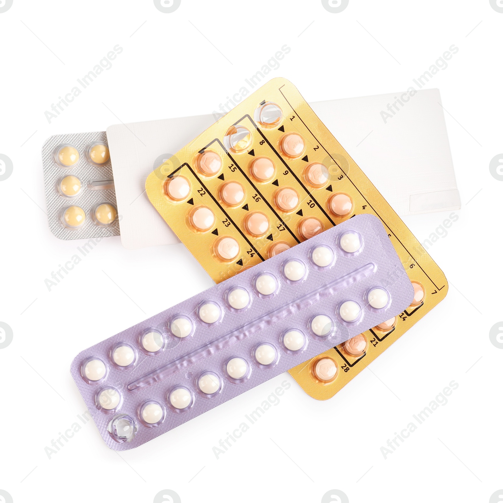 Photo of Blisters of contraceptive pills isolated on white, top view