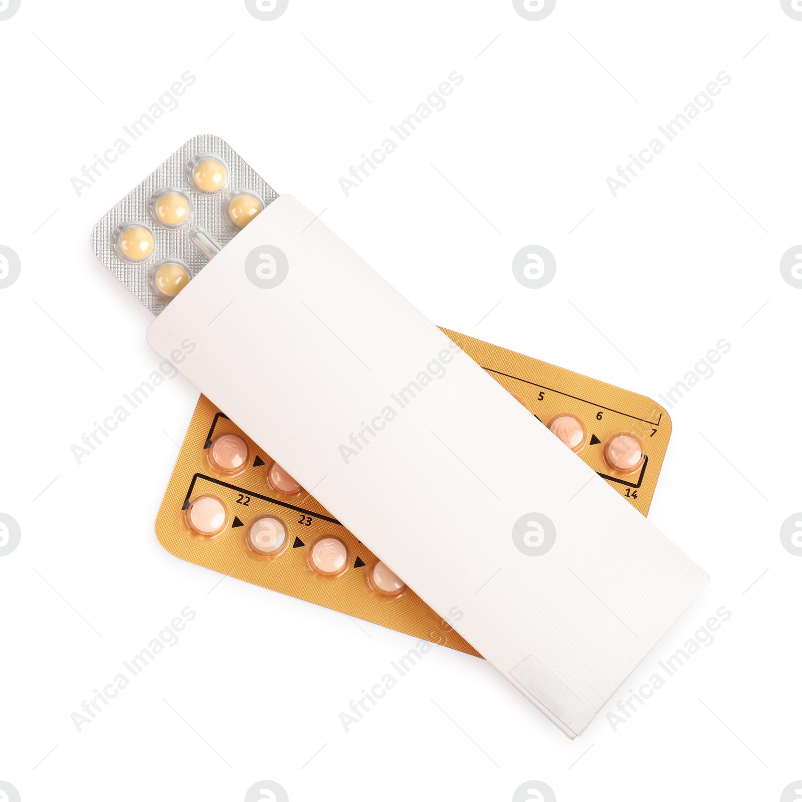 Photo of Blisters of contraceptive pills isolated on white, top view