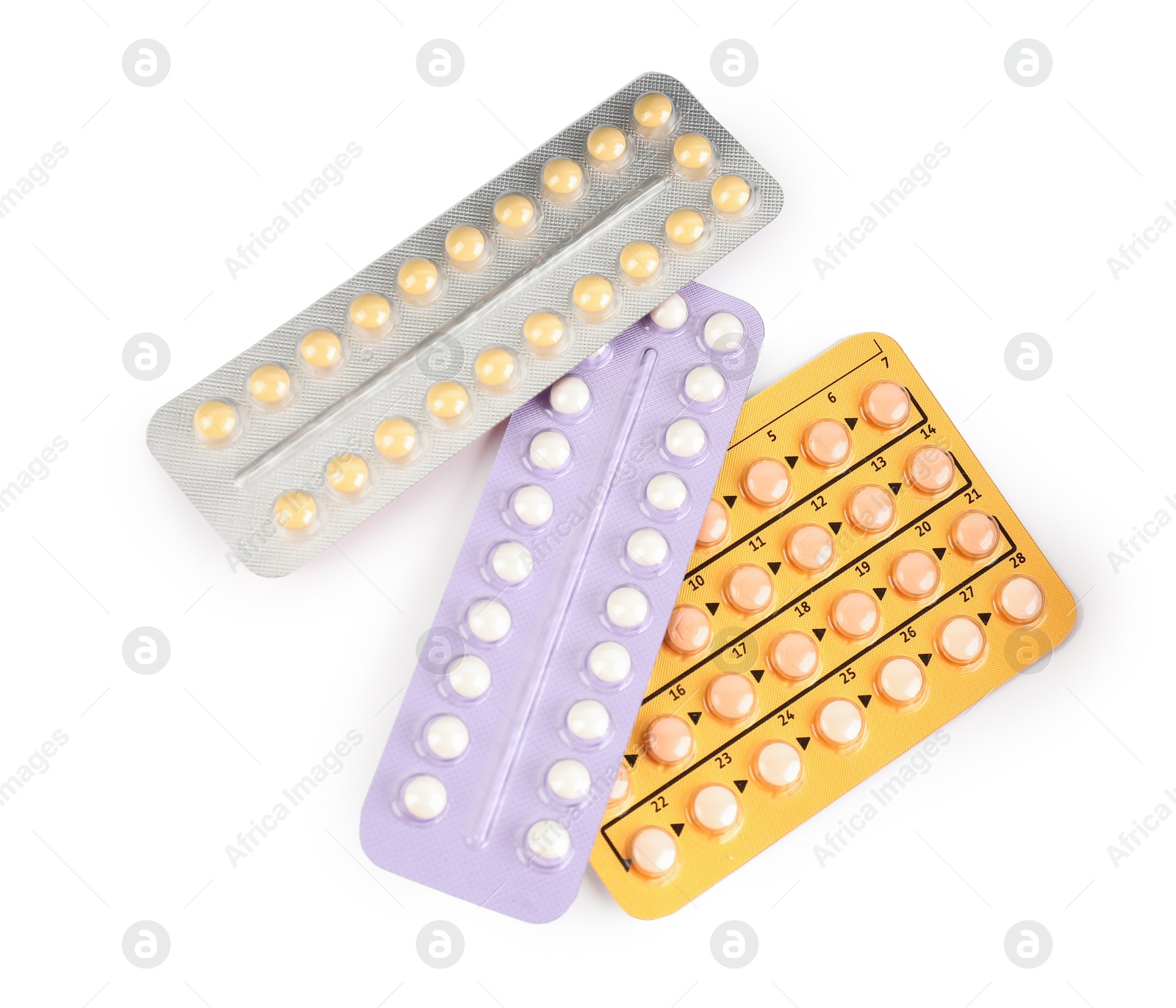 Photo of Blisters of contraceptive pills isolated on white, top view