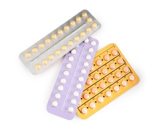 Photo of Blisters of contraceptive pills isolated on white, top view