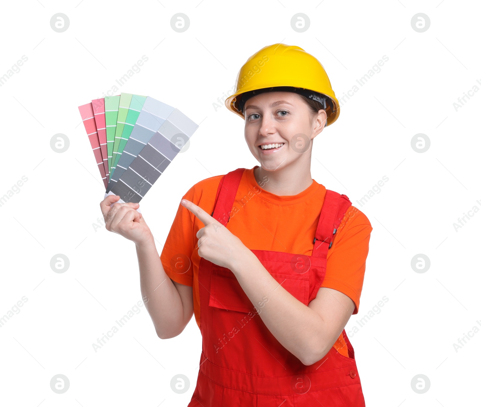 Photo of Professional painter with color selection chart on white background