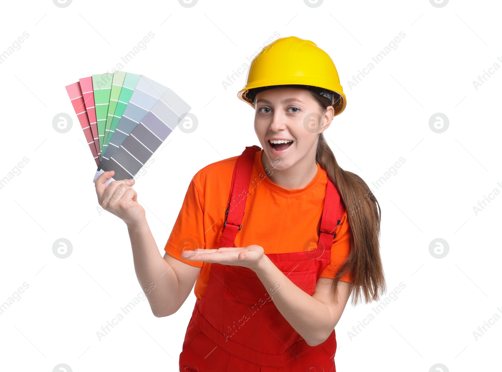 Photo of Professional painter with color selection chart on white background