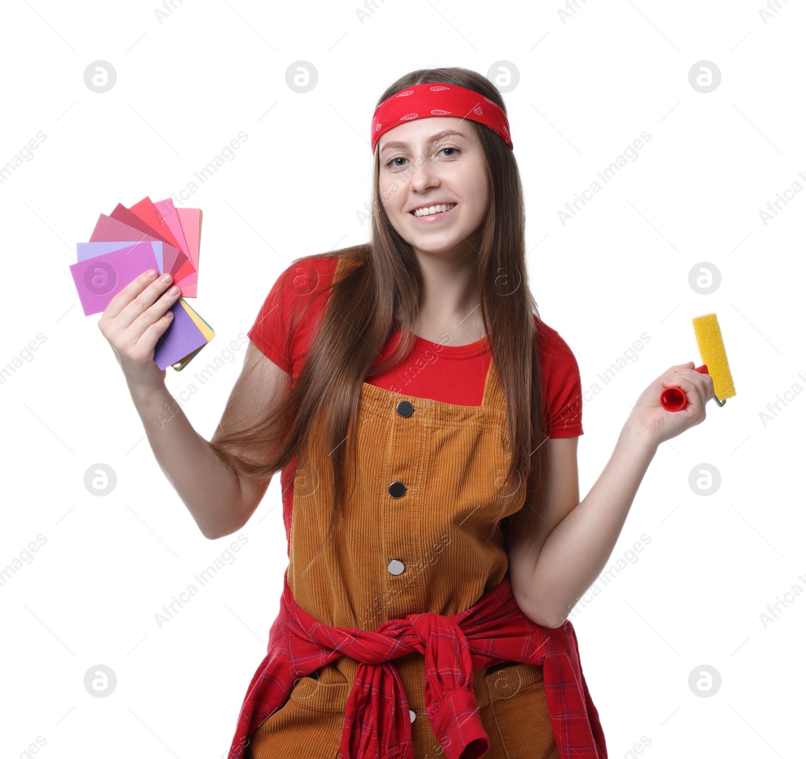 Photo of Woman with paint roller and color samples on white background