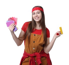 Photo of Woman with paint roller and color samples on white background