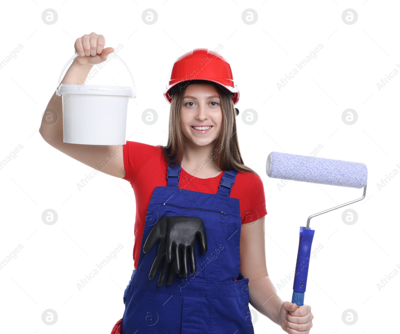 Photo of Professional painter with roller and bucket of paint on white background