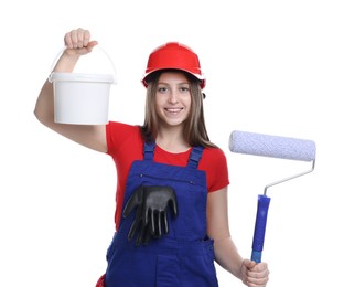 Photo of Professional painter with roller and bucket of paint on white background