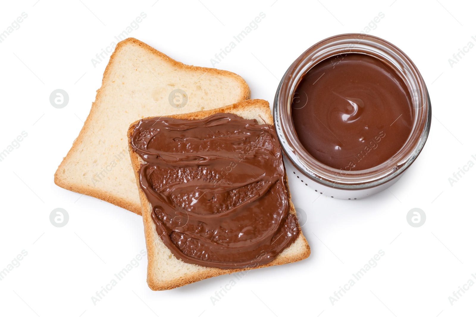 Photo of Tasty sandwiches with chocolate butter isolated on white, top view