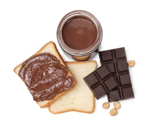 Photo of Tasty sandwiches with chocolate butter, pieces of chocolate and hazelnuts isolated on white, top view