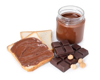 Photo of Tasty sandwiches with chocolate butter, pieces of chocolate and hazelnuts isolated on white