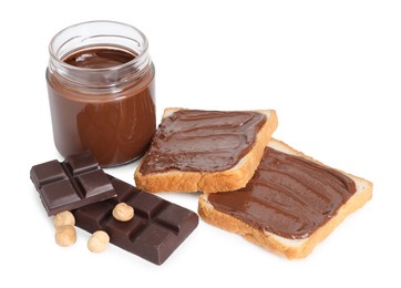 Photo of Tasty sandwiches with chocolate butter, pieces of chocolate and hazelnuts isolated on white