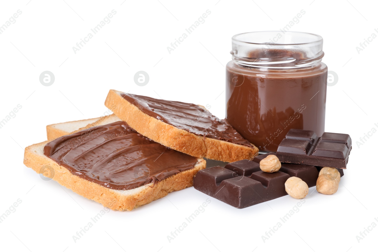 Photo of Tasty sandwiches with chocolate butter, pieces of chocolate and hazelnuts isolated on white