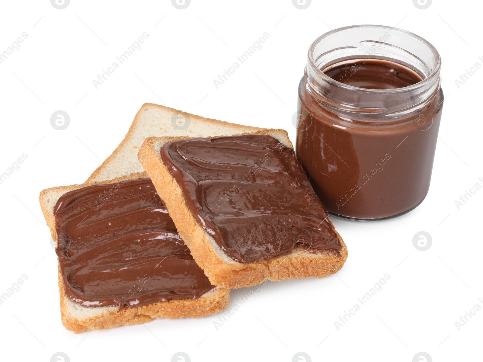 Photo of Tasty sandwiches with chocolate butter isolated on white