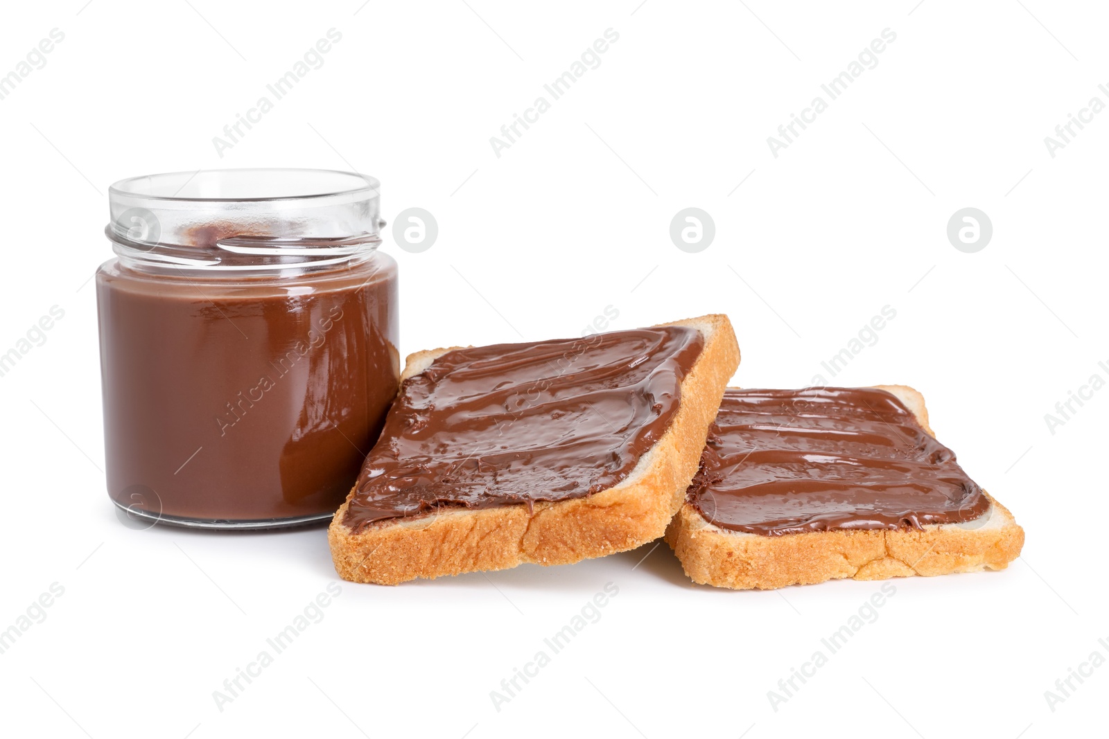 Photo of Tasty sandwiches with chocolate butter isolated on white