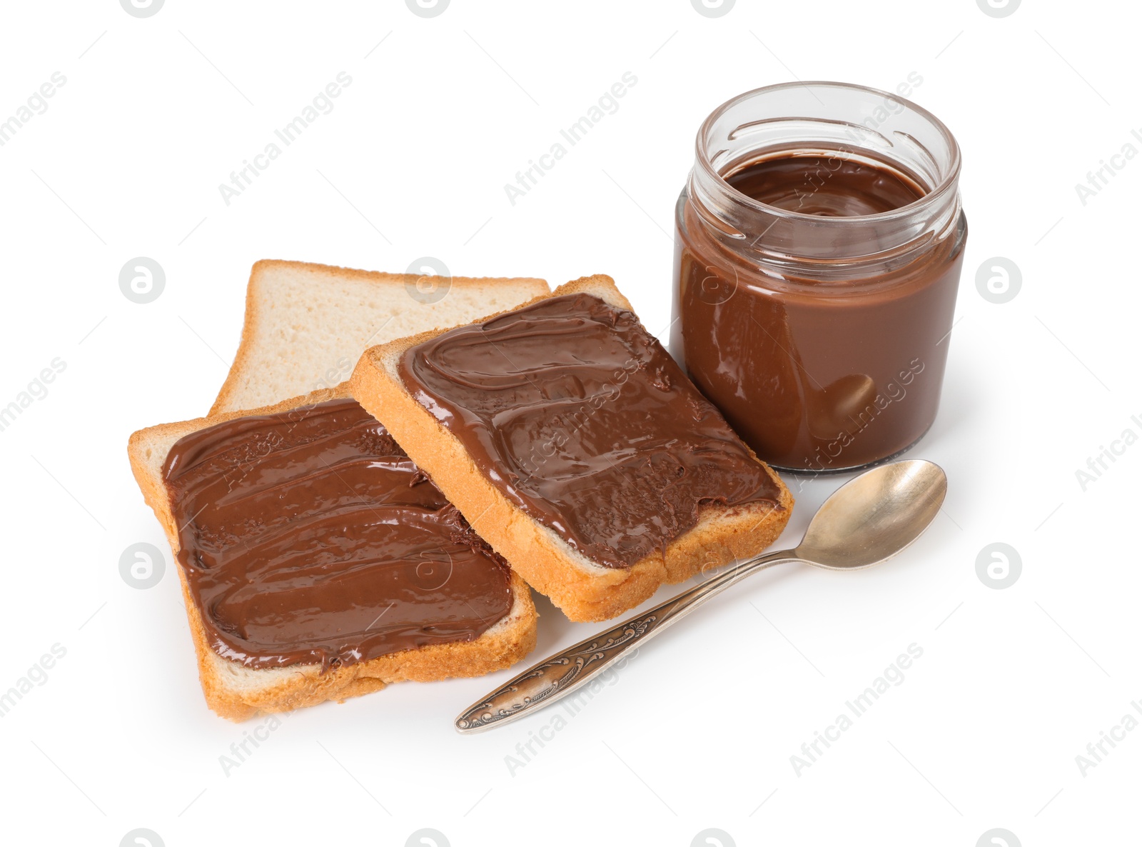 Photo of Tasty sandwiches with chocolate butter and spoon isolated on white