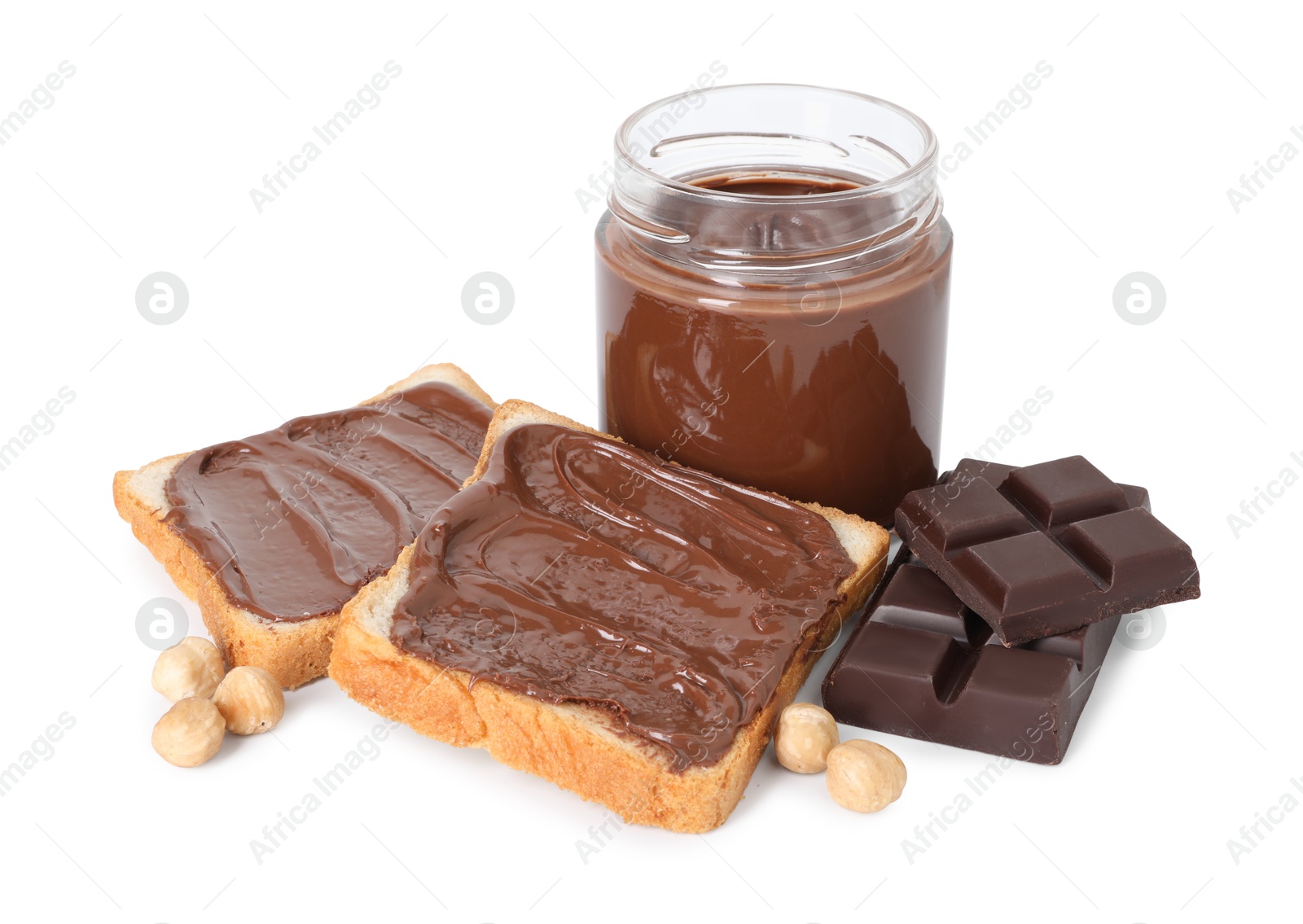 Photo of Tasty sandwiches with chocolate butter, pieces of chocolate and hazelnuts isolated on white