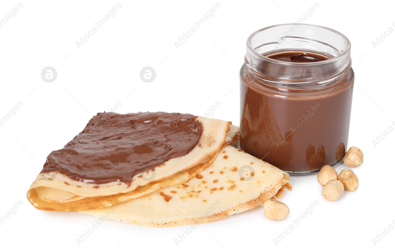 Photo of Tasty crepes with chocolate butter isolated on white